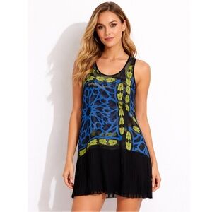 Analili Geometric Micro Pleated Mini Tank Dress Swim Coverup Semi-Sheer Women XS